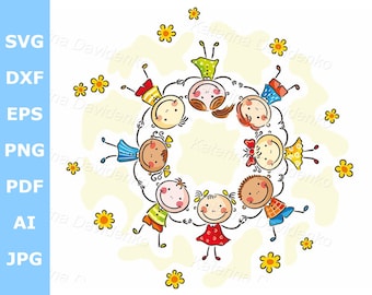 Happy kids in a circle - Children clipart pdf svg png files - Stick figure