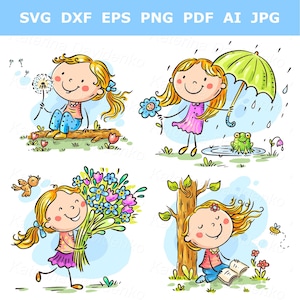 Funny cartoon girl outdoors activities, vector illustration set. Summer season clipart. Cute child walking outdoors. Kids clipart
