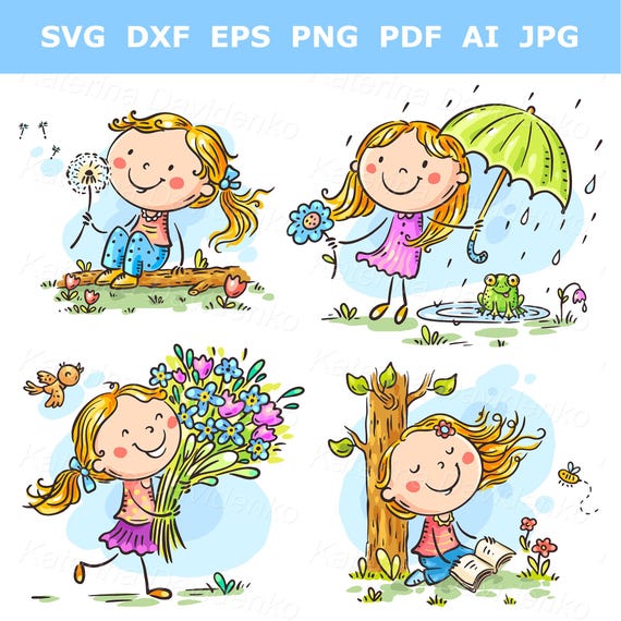 Funny Cartoon Girl Outdoors Activities, Vector Illustration Set