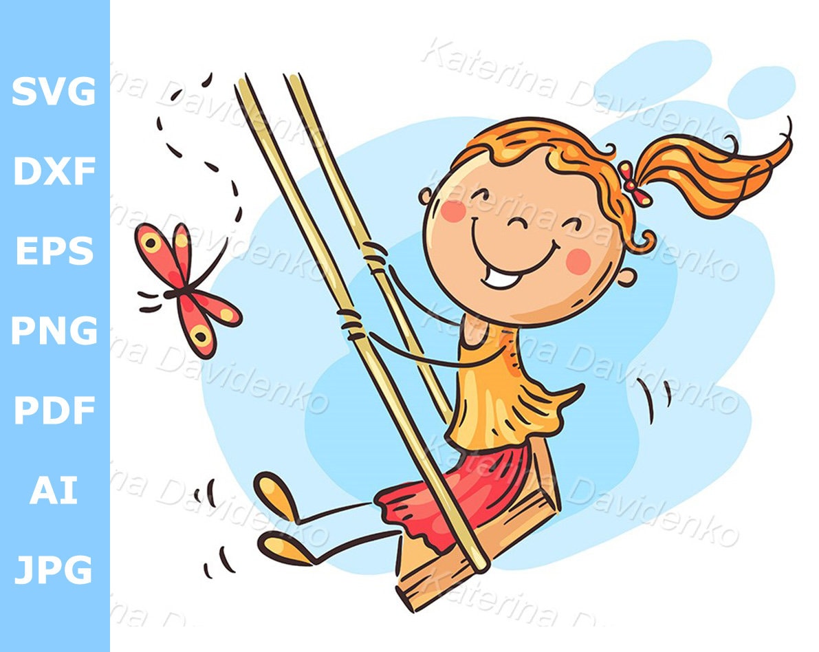Happy Cartoon Girl on a Swing Kid Clipart Svg Pdf Jpg Image Etsy