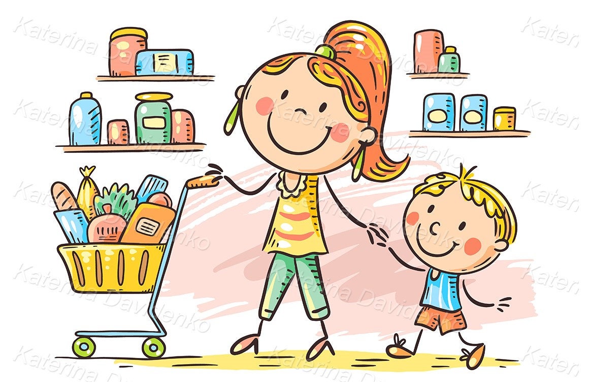 Family Shopping Clipart. Cartoon Doodle Mom and Son at Etsy