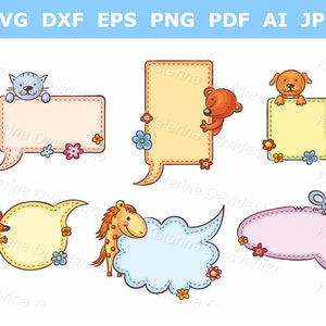 Cartoon animals with speech bubbles, clipart for kids, for packaging design, for product labels, for baby product and store, high resolution