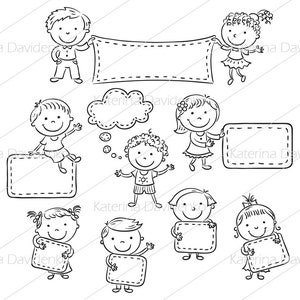 May include: Black and white line drawing of children holding blank signs. The signs are shaped like speech bubbles and rectangles. Some of the children have thought bubbles above their heads.