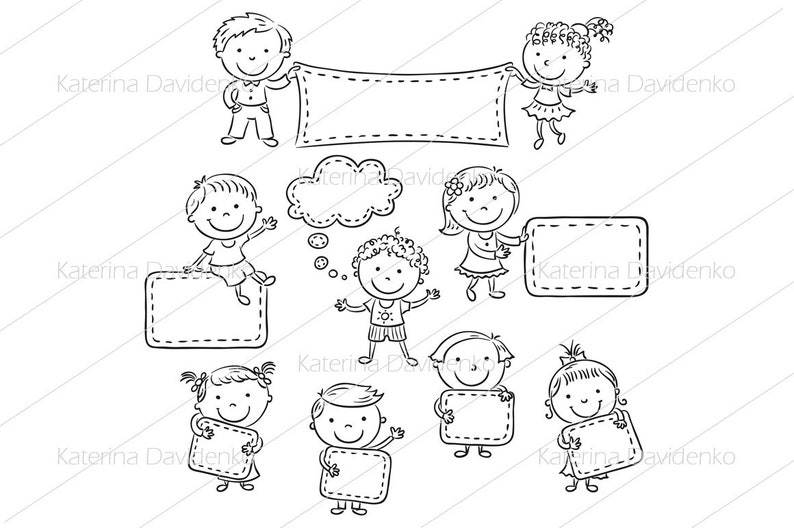 May include: Black and white line drawing of children holding blank signs. The signs are shaped like speech bubbles and rectangles. Some of the children have thought bubbles above their heads.