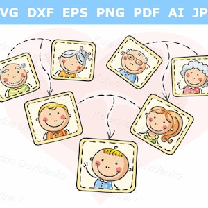 Imágenes prediseñadas de árbol genealógico. Abuelos, padres e hijos en dibujos animados. Imágenes prediseñadas familiares.