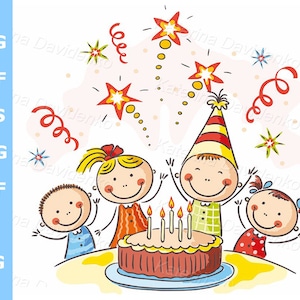 Happy birthday clipart. Cartoon kids at the Birthday Party. Happy kids clipart, doodle children vector illustration