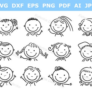 Conjunto de imágenes prediseñadas de niños con cara de garabato Imágenes prediseñadas de niños de contorno Ilustración vectorial de niños felices Figura de palo dibujada a mano
