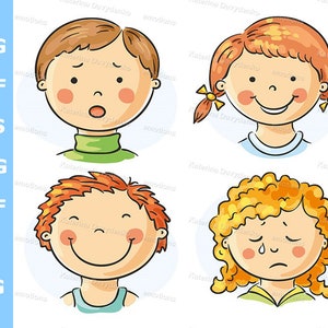 Cartoon kids faces emotions clipart. Set of 4 pictures with cartoon children faces with different emotions.