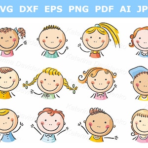 Conjunto de imágenes prediseñadas de caras de niños felices. Imágenes SVG de niños, ilustraciones vectoriales de niños con garabatos, descarga digital.