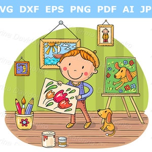 Cartoon kid clipart. Cute little painter with his puppy and pictures. Children acitivities
