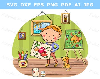 Cartoon kid clipart. Cute little painter with his puppy and pictures. Children acitivities
