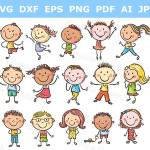 Hand drawn cartoon chilren doodle cute happy kids image clipart set