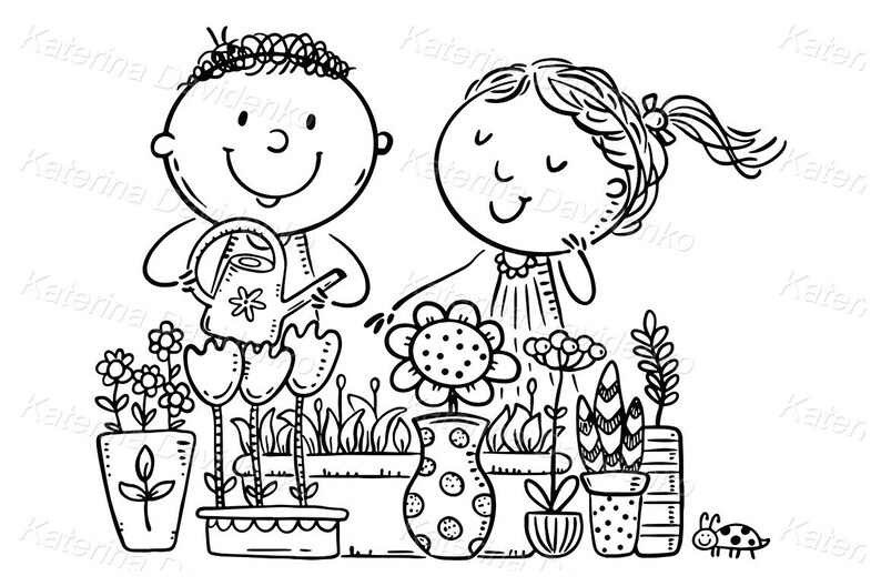 May include: A black and white line drawing of two children watering plants. One child is holding a watering can and the other is smiling. There are flowers and plants in pots.