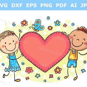 Niños de dibujos animados con un corazón en blanco, con espacio para texto. Imagen de pareja enamorada. Niños con una pancarta en forma de corazón. Descarga digital.