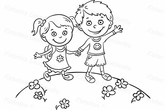 Boy And Girl Clipart Happy Cartoons Kids Walking Outdoors Etsy Norway