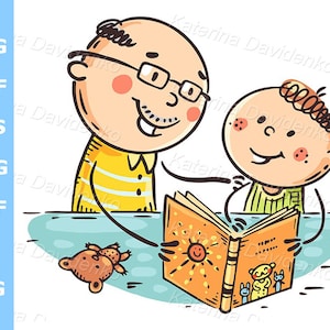 Abuelo y nieto leyendo un libro. Dibujo de familia. Niño leyendo un libro con su abuelo.