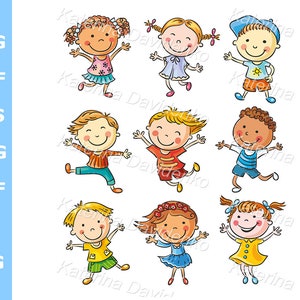 Cartoon happy kids clipart set SVG PNG PDF children clipart. Nine happy kids dancing or jumping with joy