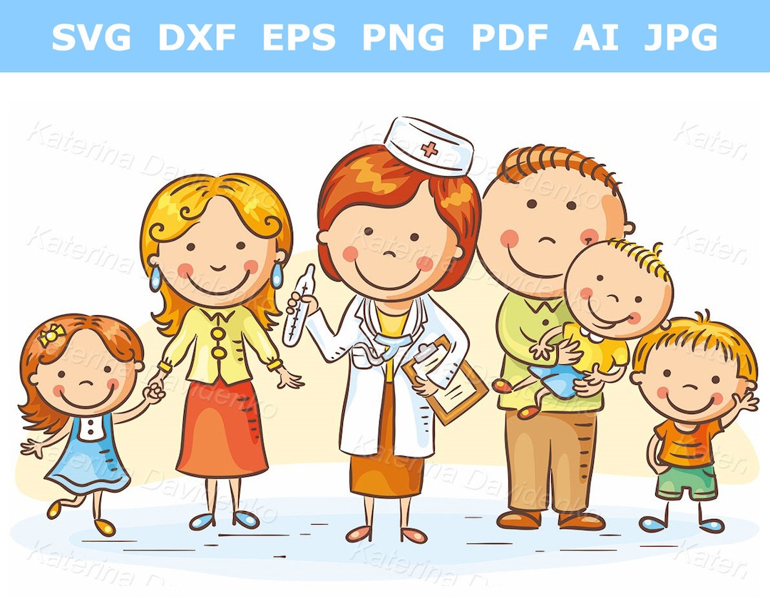Cartoon huisarts clipart. Gezondheidszorg SVG png-afbeelding, arts met zijn  patiënten clipart, ouders en kinderen. Medische illustraties - Etsy België, image size:1080x860
