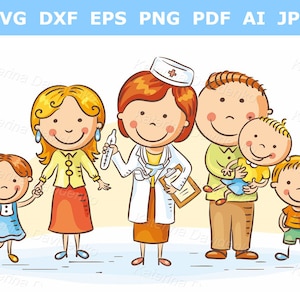 May include: A cartoon illustration of a family visiting a doctor. The doctor is a woman wearing a white coat and a stethoscope. She is holding a thermometer and a clipboard. The family includes a man, a woman, and two children. The man is holding a child in his arms. The family is smiling and happy.