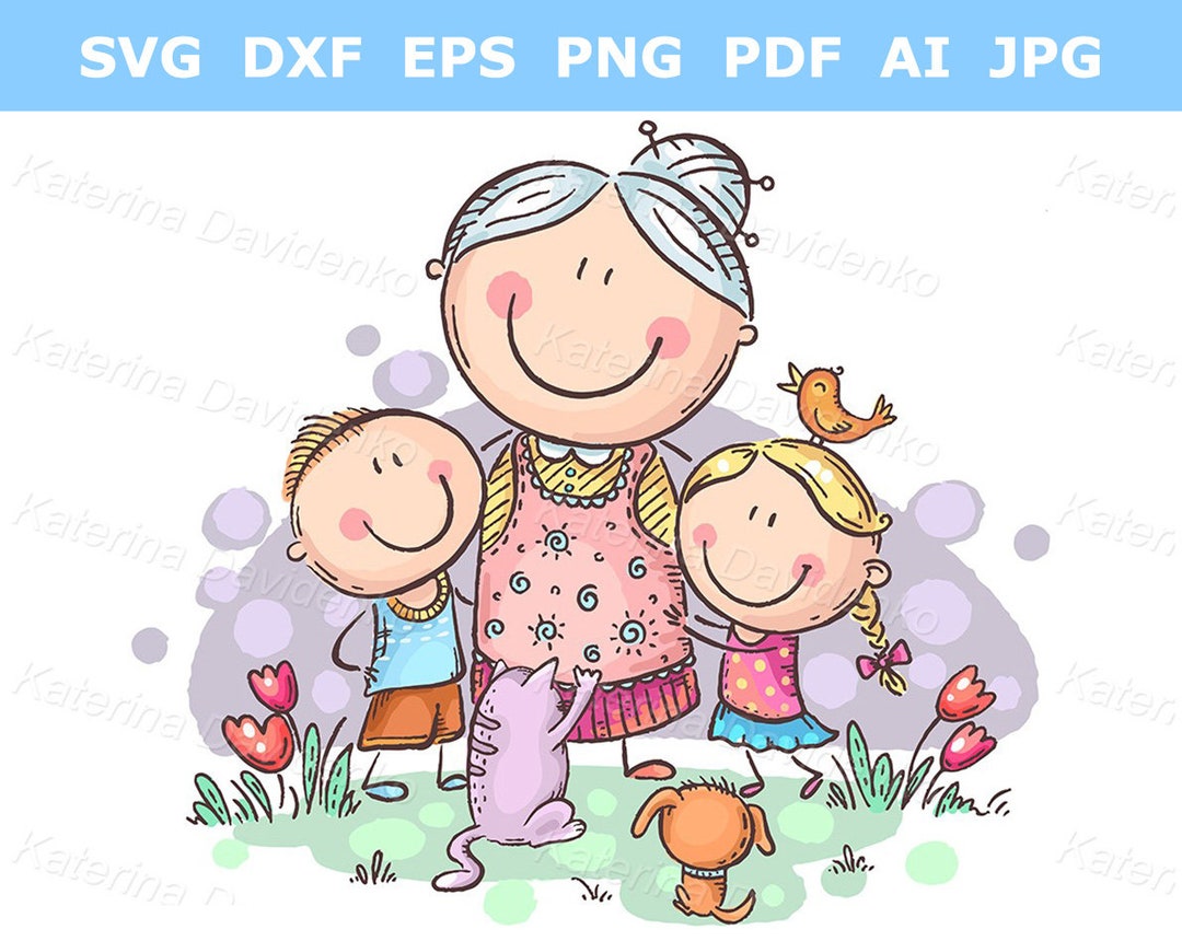 Everyone Loves Granny, Grandmother With Grandchilren and Pets. Family  Clipart, Illustration, Images, Vector, Svg, Png - Etsy Finland, image size:1080x860