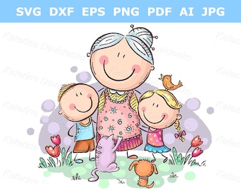 Everyone loves granny, grandmother with grandchilren and pets. Family clipart, illustration, images, vector, svg, png