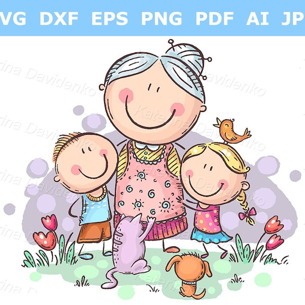 Everyone loves granny, grandmother with grandchilren and pets. Family clipart, illustration, images, vector, svg, png