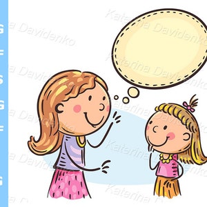 Scène met tekstballonnen. Doodle moeder of leraar praten met kind. Cartoon familie clipart