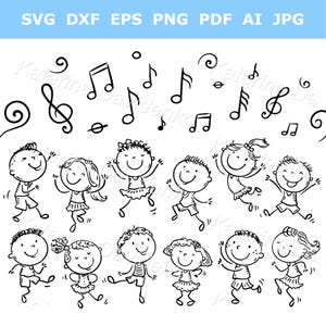 Conjunto de imágenes prediseñadas en blanco y negro de niños bailando. Dibujos de niños bailando juntos. Dibujando niños y niñas, personajes aislados.