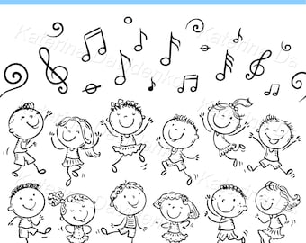 Black and White Dancing Kids Clipart. Cute Music Cartoon Set. Outline Preschool Children Vector Illustration