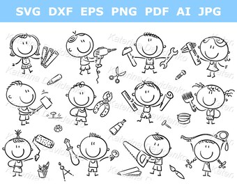 Doodle kids with various tools. Line art illustration of children activity, kids playing clipart