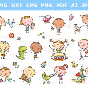 Conjunto de imágenes prediseñadas de niños con juguetes. Imágenes prediseñadas de niños pequeños de dibujos animados. Lindos niños dibujados a mano jugando con juguetes, descarga digital de figuras de palitos