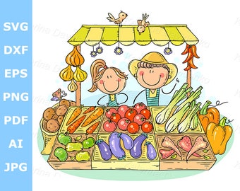 Cartoon farmers selling store image clipart. Organic vegetables at the market digital download vector illustration