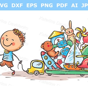 Happy cartoon kids clipart. Little boy with a lot of toys on truck. Child playing with toys clipart. Digital download vector illustration