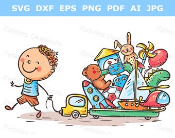 Kids Clipart. Child with Toy Truck Cartoon Illustration