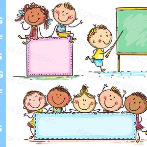 Imágenes prediseñadas de escolares felices con pancarta. Niños de dibujos animados con marcos vacíos, pancartas y pizarras. Imágenes prediseñadas de escolares.