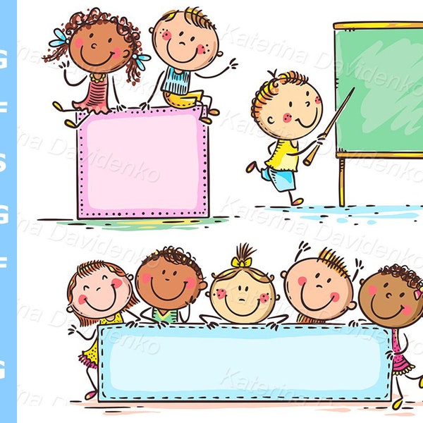 Clipart happy schoolkids with banner. Cartoon children with blank frames, placard and deskboard clipart. School children clipart