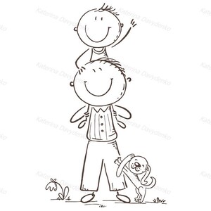 K&ouml;nnte beinhalten: Eine Schwarzwei&szlig;-Zeichnung eines Vaters, der sein Kind auf den Schultern tr&auml;gt. Das Kind winkt mit einer Hand. Ein kleiner Hund steht neben dem Vater und schaut zu dem Kind auf.