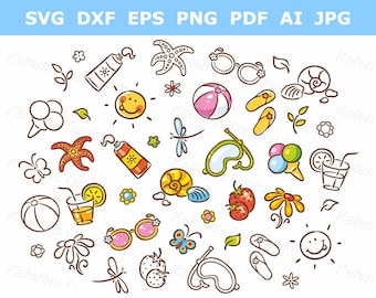 Summer things clipart set. Child's drawing illustration of summer vacation items, digital download