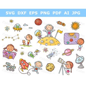 Clipart educativo para que los niños exploren el espacio. Dibujos de objetos espaciales y astronautas. ¡De vuelta al cole!