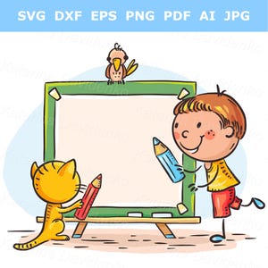 Uroczy chłopiec z kreskówki rysujący na tablicy. Dziecko z kredką. Cyfrowa ilustracja dla nauczycieli, rodziców i projektantów. Dziecięcy clipart