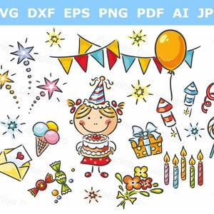 Kid birthday clipart set. Happy little girl having birthday. Party things clip art digital download commercial use stickers set