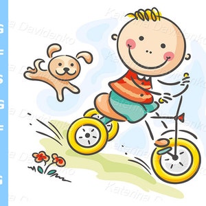 Cartoon boy riding his tricycle, doodle kid clipart, hand drawn vector illustration. Digital download