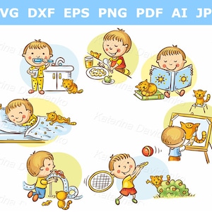 Clipart de actividades diarias de niños. Clipart de rutina diaria de un niño pequeño. Actividades infantiles, ilustración vectorial, descarga digital.