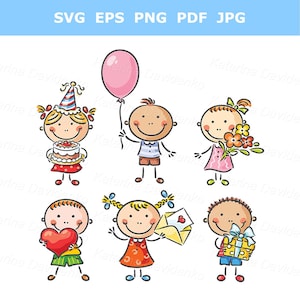 Fröhliche Kinder Clipart, Kindergeburtstag Party Clip Art. Doodle Kids, Kind mit Ballon, Geburtstagsparty Sachen Clipart Illustration