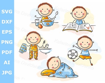 Cartoon boy daily routine clipart. Kid activities vector illustration set. sleeping, eating, playing with ball, doing homework, washing face