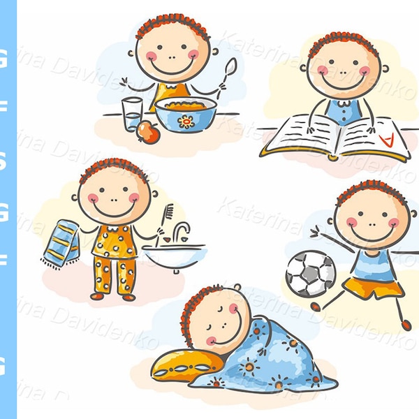 Cartoon boy daily routine clipart. Kid activities vector illustration set. sleeping, eating, playing with ball, doing homework, washing face
