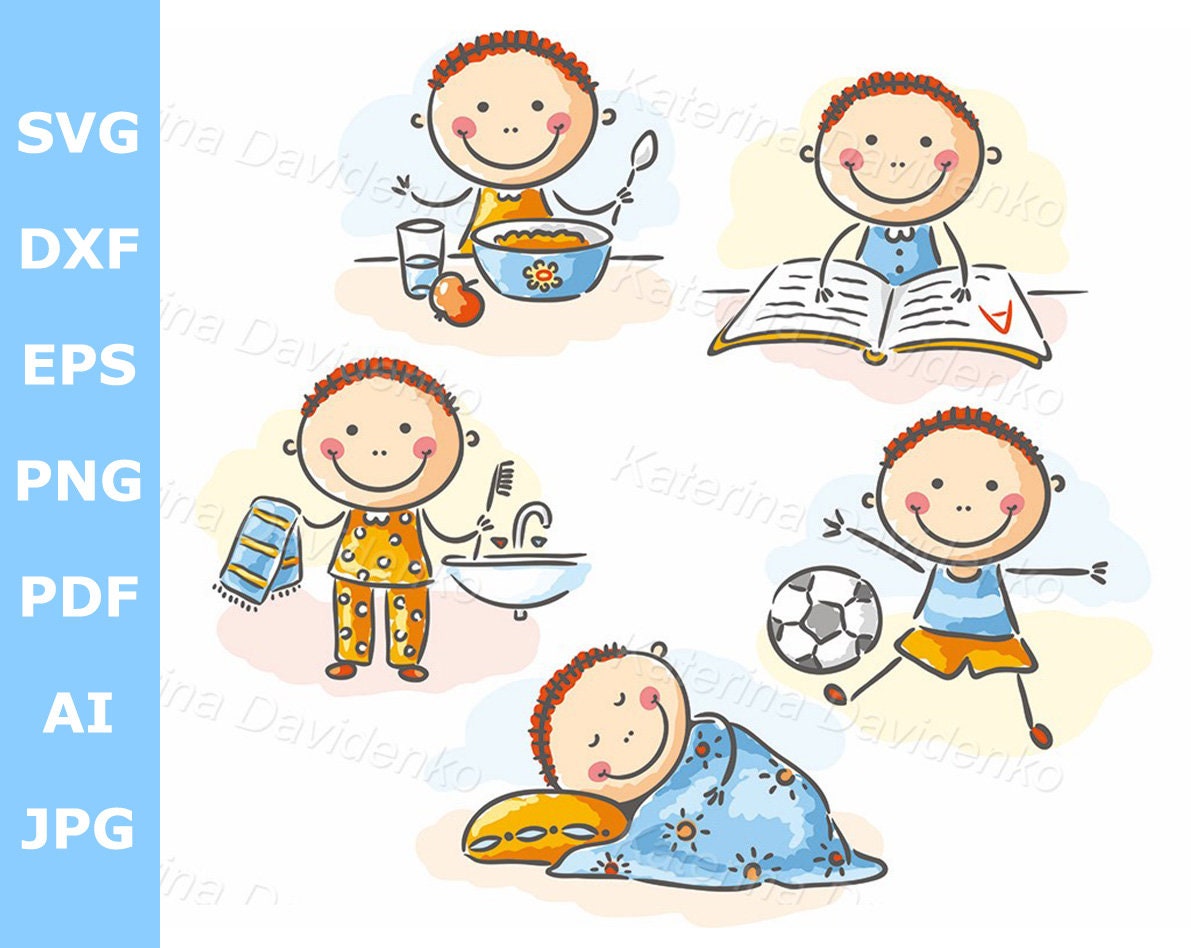 Cartoon Boy Daily Routine Clipart. Kid Activities Vector Illustration Set.  Sleeping, Eating, Playing With Ball, Doing Homework, Washing Face - Etsy  Sweden