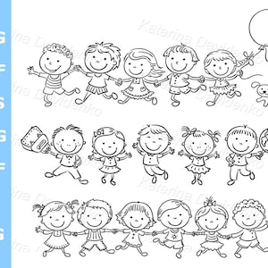 Imágenes prediseñadas de contorno de niños de dibujos animados felices - Ilustración en blanco y negro - Descarga de archivos digitales SVG, PNG, DXF y EPS