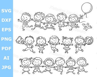 Happy cartoon kids outline clipart - Black and white illustration - svg, png, dxf, eps digital file downlaod