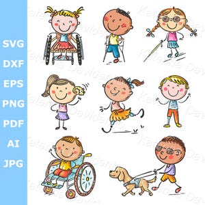 Dibujos animados de niños con discapacidad y necesidades especiales. Imágenes prediseñadas de niños con discapacidad. Niños y niñas con sordera, ceguera y extremidades amputadas.